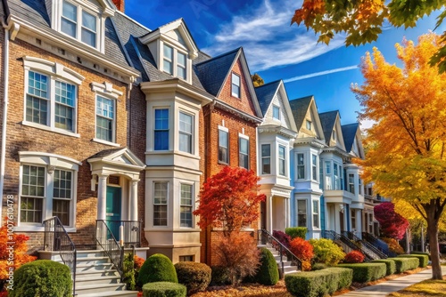 Charming Autumn Townhouses in Washington DC Under Blue Sky in a Quaint Suburban Neighborhood