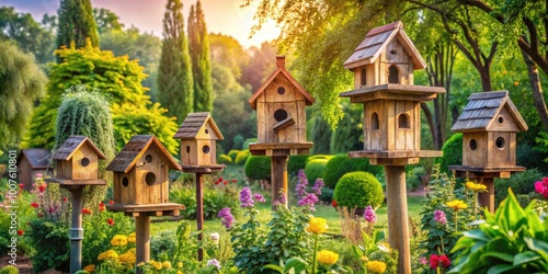 Charming Dove Birdhouses Nestled Among Lush Greenery in a Serene Outdoor Garden Setting photo