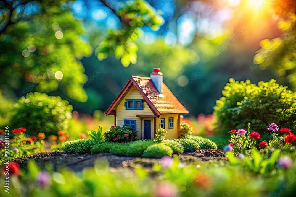 Charming miniature house with vibrant colors nestled in a lush green garden setting under blue sky Charming miniature house with vibrant colors nestled in a lush green garden setting under blue sky