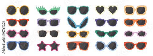 Vector Flat Frame Glasses Icon Set. Sunglasses, Vintage Eyeglasses, Lenses. Optics and Eyewear Design Template. Vector Illustration. Flat Vector Design for Eyewear and Optics