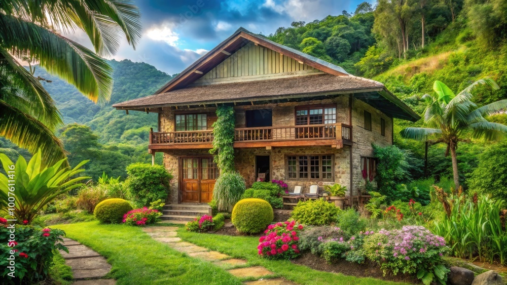 Charming Rustic Farmhouse Surrounded by Lush Greenery in the Scenic Countryside of the Philippines Charming Rustic Farmhouse Surrounded by Lush Greenery in the Scenic Countryside of the Philippines
