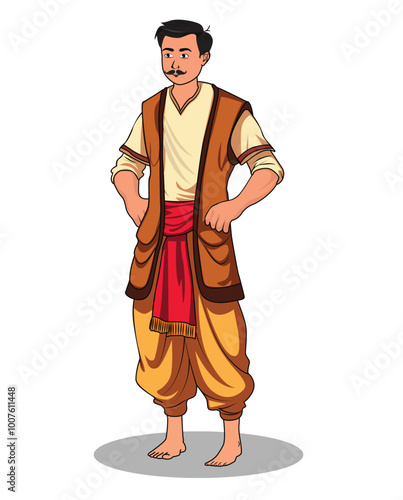 A man with mustache and wearing dhuti, cartoon character design