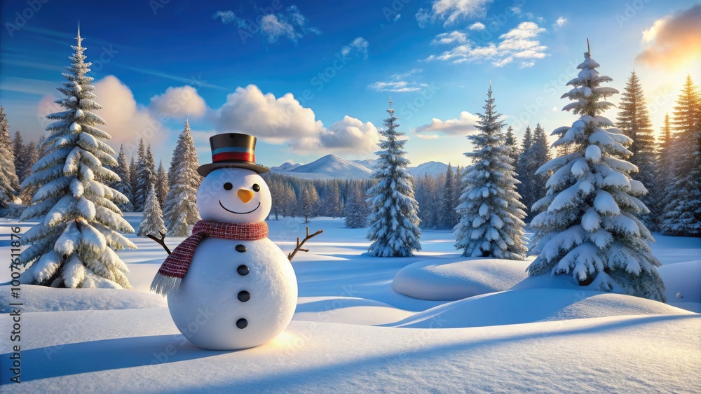 Fototapeta premium Cheerful snowman standing in a winter landscape surrounded by snow-covered trees and blue sky