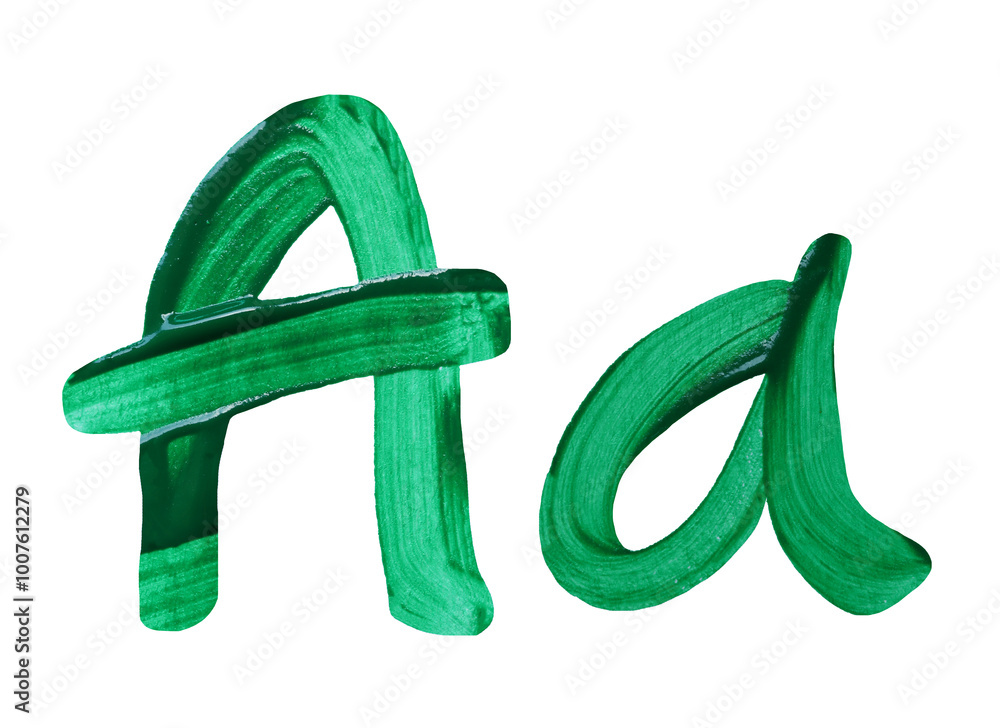 Artistic representation of the letters A and a painted in vibrant green with transparent image of PNG format extension.