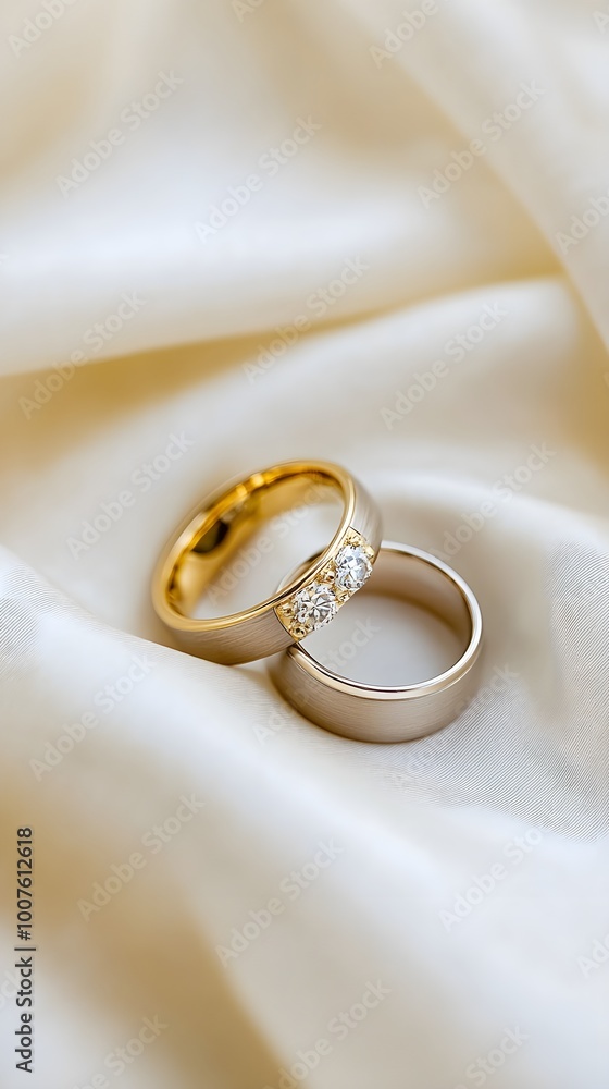 A close-up of wedding rings placed on a soft fabric, emphasizing the intricate details, with a light solid color background A close-up of wedding rings placed on a soft fabric, emphasizing the intricate details, with a light solid color background