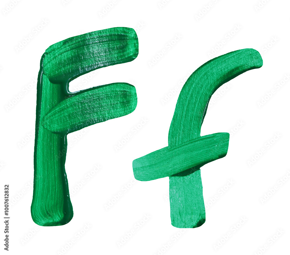 Artistic representation of the letters F and f painted in vibrant green with transparent image of PNG format extension.