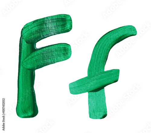 Obraz na płótnie Artistic representation of the letters F and f painted in vibrant green with transparent image of PNG format extension. w salonie
