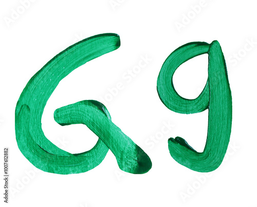 Artistic representation of the letters G and g painted in vibrant green with transparent image of PNG format extension.