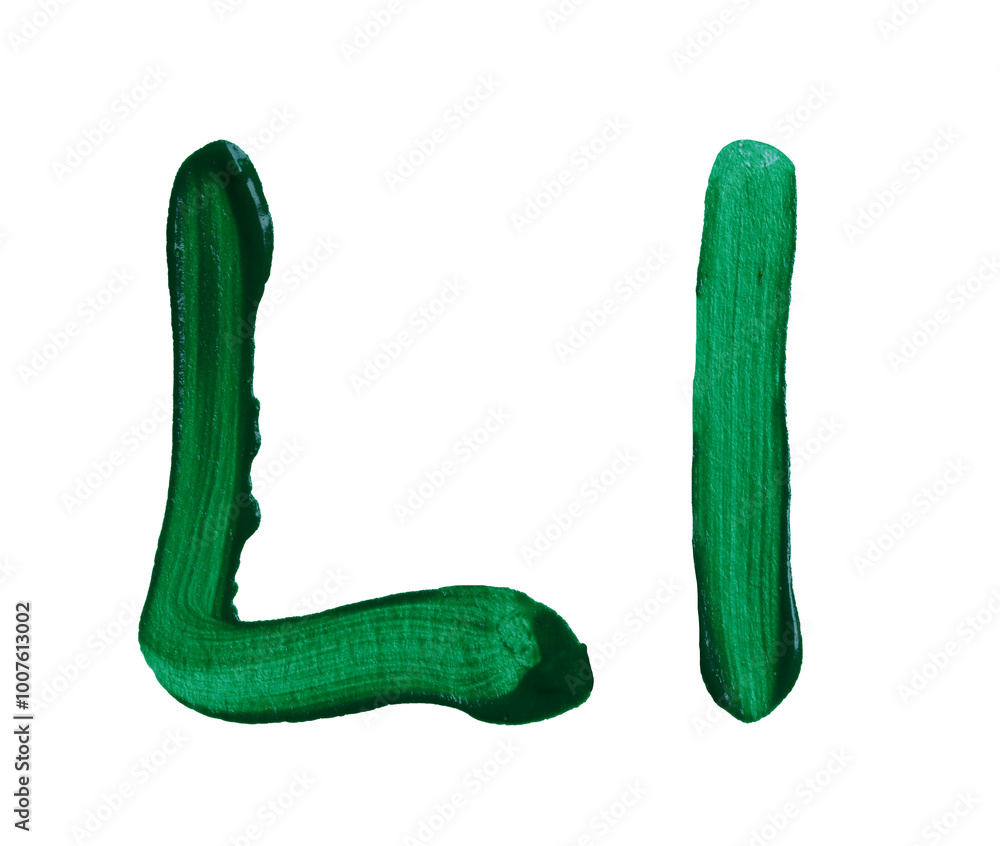 Artistic representation of the letters L and l painted in vibrant green with transparent image of PNG format extension.