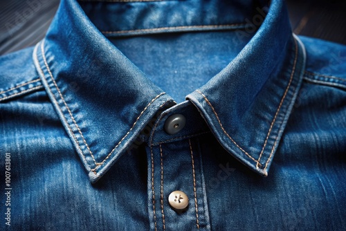 Close-up of blue denim shirt collar showcasing texture and fashion style with stylish design elements