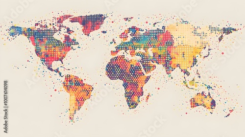 Fototapeta Naklejka Na Ścianę i Meble -  A detailed world map created with colorful dots representing different countries, set against a light solid color background