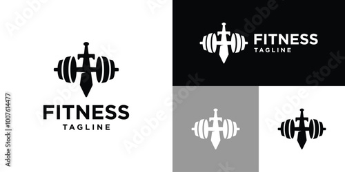 Vector design template of barbell logo combination with sword. Sport, fitness, competition. Icon symbol EPS 10