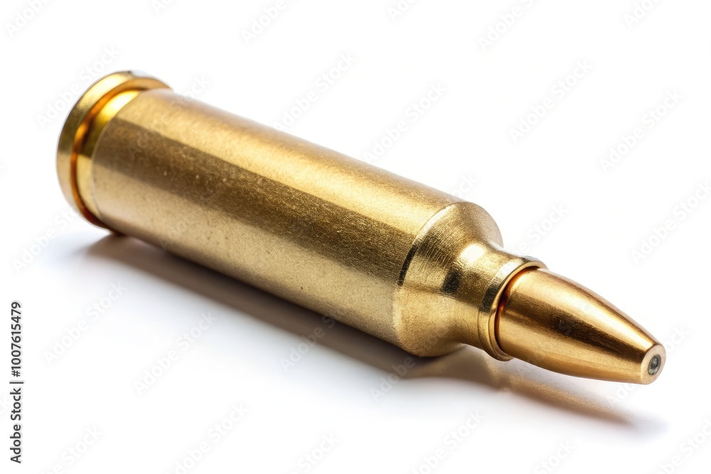 Closeup View of an Empty Rifle Bullet Cartridge Isolated on a White Background for Firearm Themes Closeup View of an Empty Rifle Bullet Cartridge Isolated on a White Background for Firearm Themes