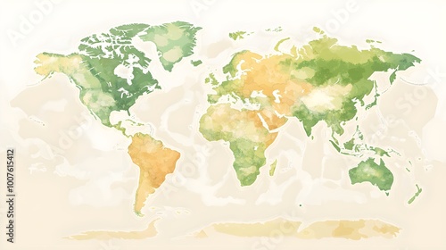 Fototapeta Naklejka Na Ścianę i Meble -  A detailed vector illustration of a world map featuring realistic topography and natural elements, set against a light solid color background