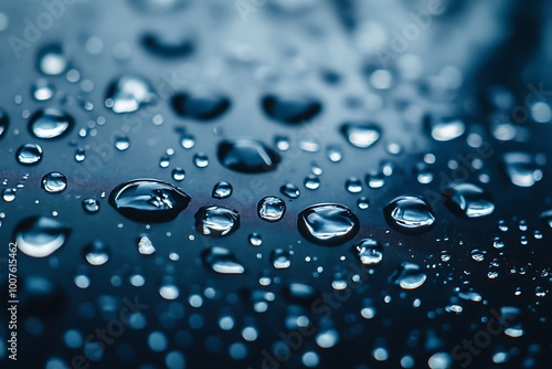  Water drops on a black background. Glass texture with droplets. Surface wet with dew. Abstract wallpaper in bubbles. 