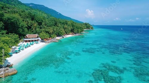 Tropical Island Paradise Beach with Crystal Clear Water and Lush Green Foliage