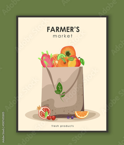 Farmers market poster. Package with fruits and berries. Natural and organic eating with vitamins. Farming and agriculture. Flat vector illustration