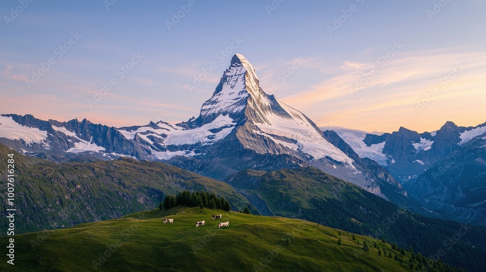 Fototapeta premium Majestic Matterhorn Peak with Cows Grazing in Swiss Alps Landscape
