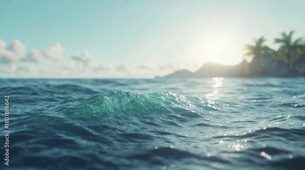 Fototapeta premium Tranquil Ocean Waves with Tropical Island Background