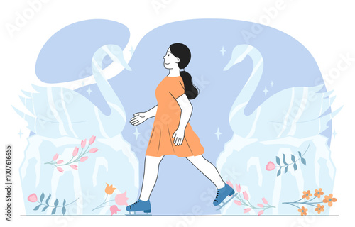 Figure skater woman. Young girl on blue skates rides with swans. Active lifestyle and sports. Hobby and leisure. Performance and competition. Linear vector illustration