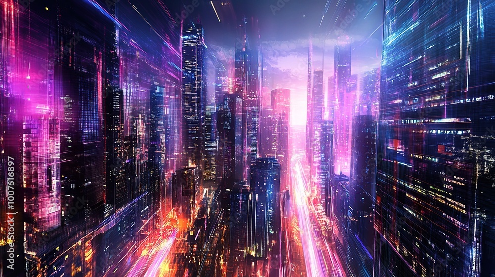 Fototapeta premium Vibrant Cityscape with Dynamic Light Effects