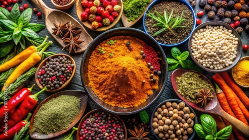 Colorful Assortment of Spices and Mediterranean Herbs for Culinary Inspiration and Flavorful Dishes