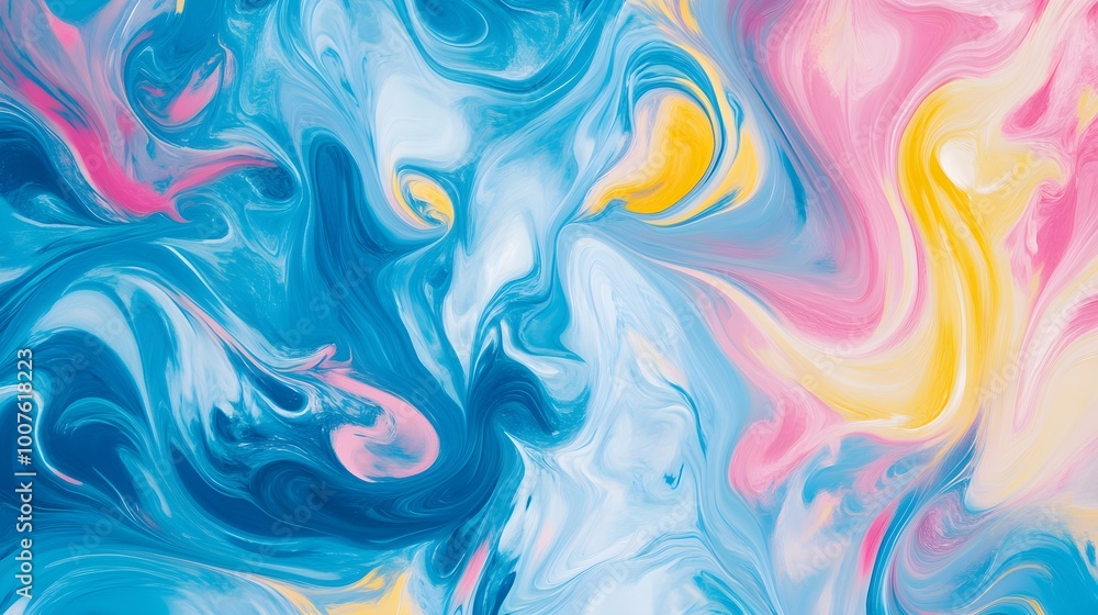 Fototapeta premium Colorful swirling patterns in shades of blue, pink, and yellow create a vibrant abstract background with ample copy space