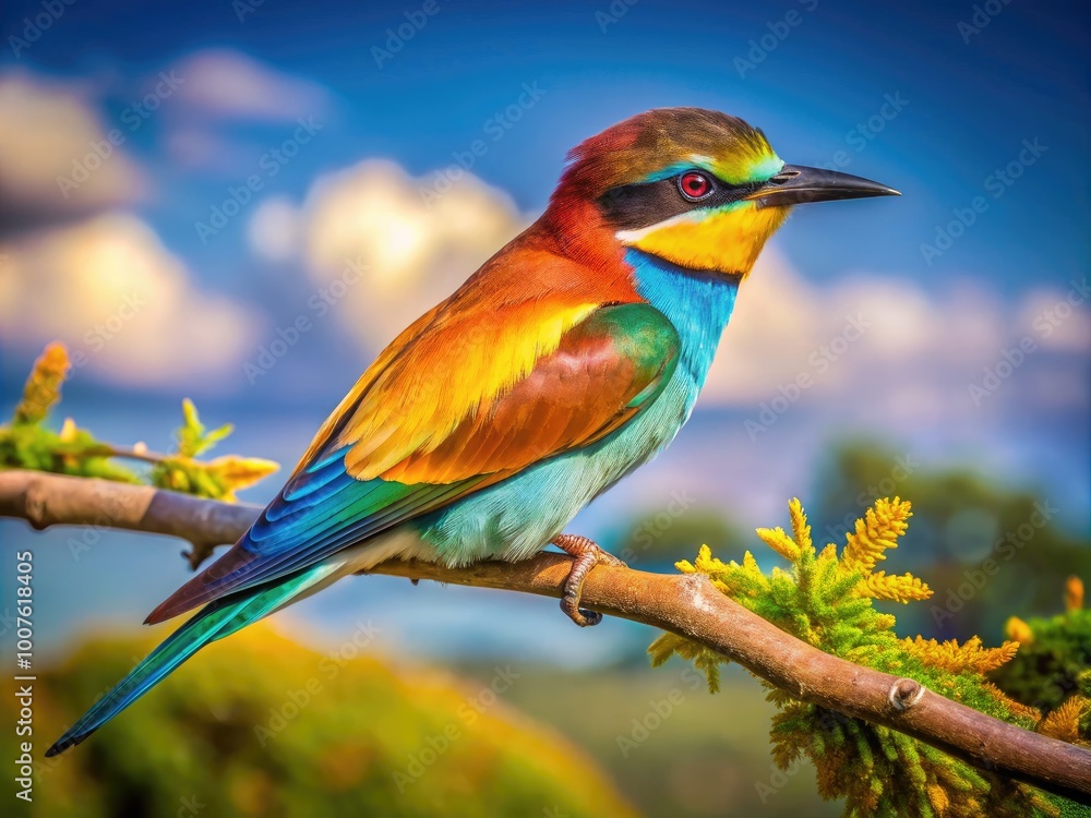 Obraz premium Colorful Bird Perched on Branch Against a Bright Sky in a Natural Setting Capturing True Beauty