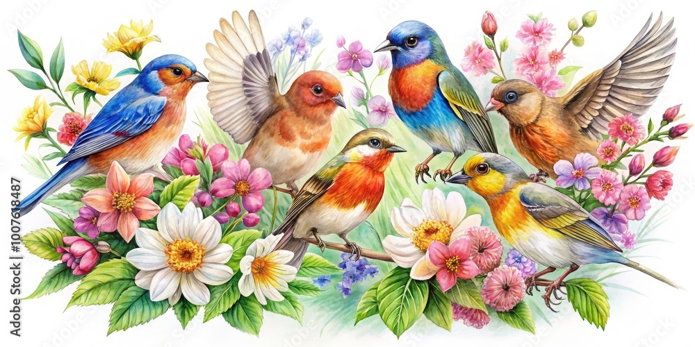 Obraz premium Colorful Birds and Delicate Flowers Hand-Drawn Illustration Perfect for Nature and Art Lovers