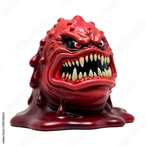 Halloween ugly red slime monster with sharp teeth and evil eyes, plastic miniature toy isolated on a white background