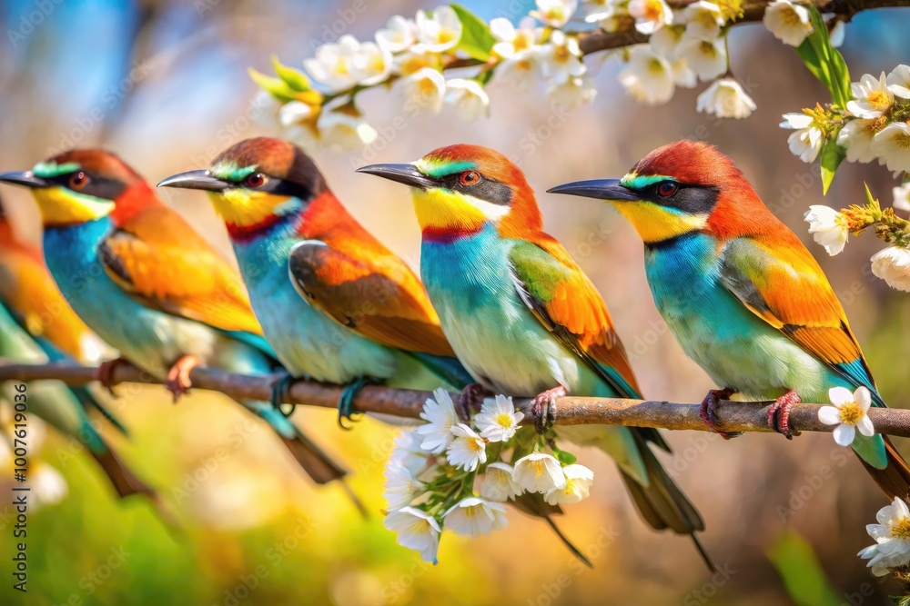 Fototapeta premium Colorful birds perched on branches in a serene natural setting during a sunny day in springtime