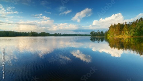 Tranquil lake reflecting clouds