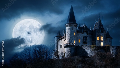 A stone castle under a full moon