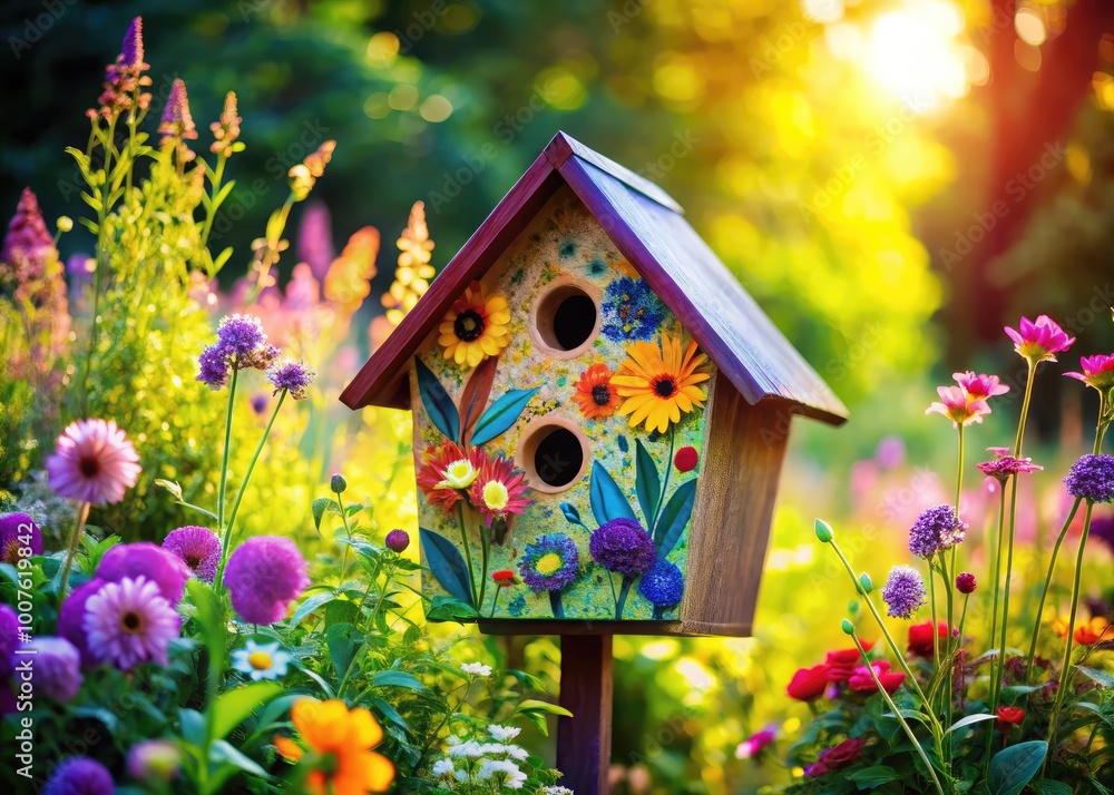 Colorful Cartoon Bird House with Whimsical Design Surrounded by Bright Flowers and Greenery Colorful Cartoon Bird House with Whimsical Design Surrounded by Bright Flowers and Greenery