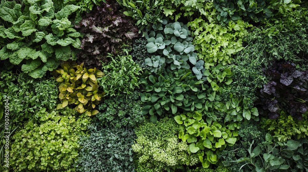 Lush Greenery and Herbs on a Vertical Garden Wall Lush Greenery and Herbs on a Vertical Garden Wall