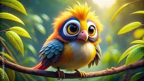 Colorful cartoon bird with big eyes and yellow feathers perched on a branch in a playful pose photo