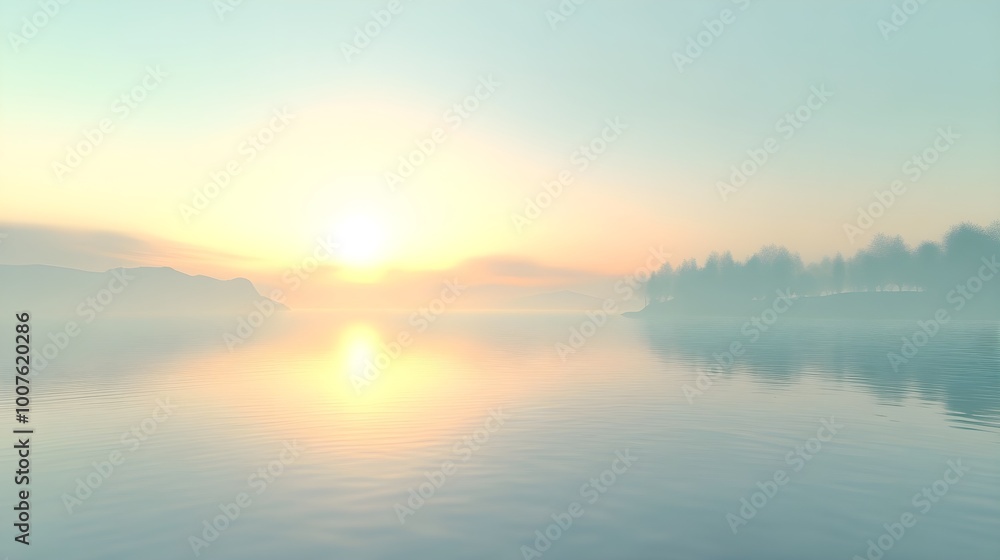 A serene landscape featuring a bright sun rising over a calm lake, with soft reflections on the water surface and an unobtrusive light solid color background A serene landscape featuring a bright sun rising over a calm lake, with soft reflections on the water surface and an unobtrusive light solid color background