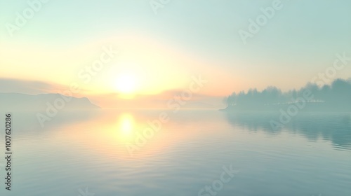 A serene landscape featuring a bright sun rising over a calm lake, with soft reflections on the water surface and an unobtrusive light solid color background photo