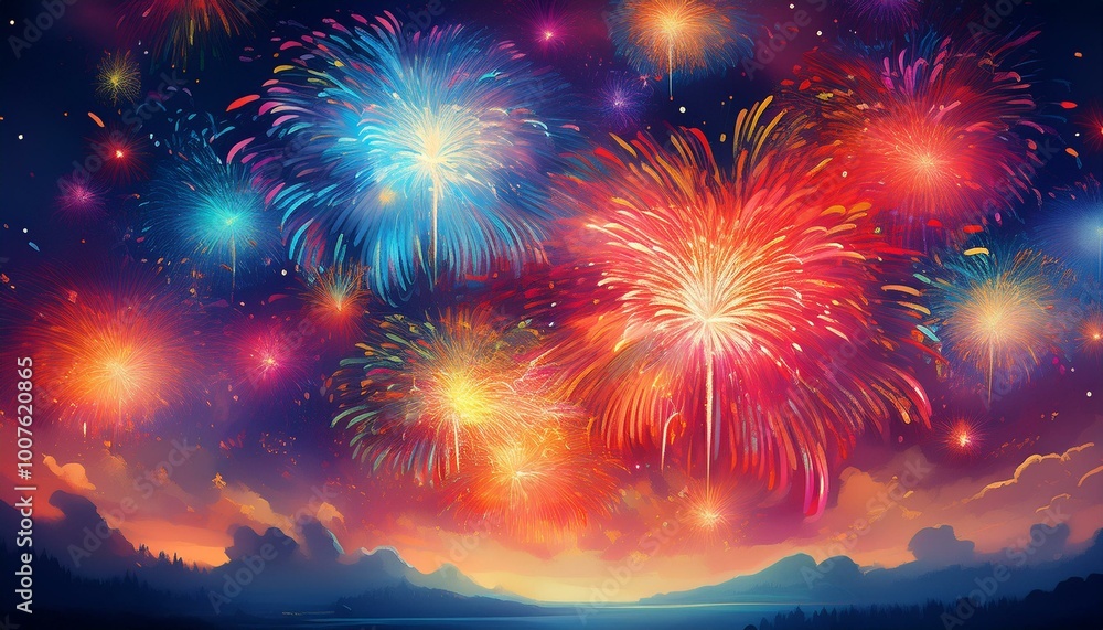 Fireworks light up the night sky. Fireworks light up the night sky.