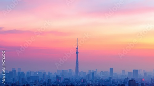 Tokyo Skyline at Sunset with Tower Pink Clouds Cityscape Urban Landscape Japan