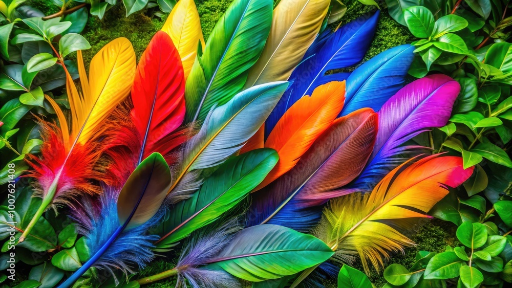 Colorful Feathers of a Bird Displayed Elegantly on a Natural Background of Green Foliage Colorful Feathers of a Bird Displayed Elegantly on a Natural Background of Green Foliage