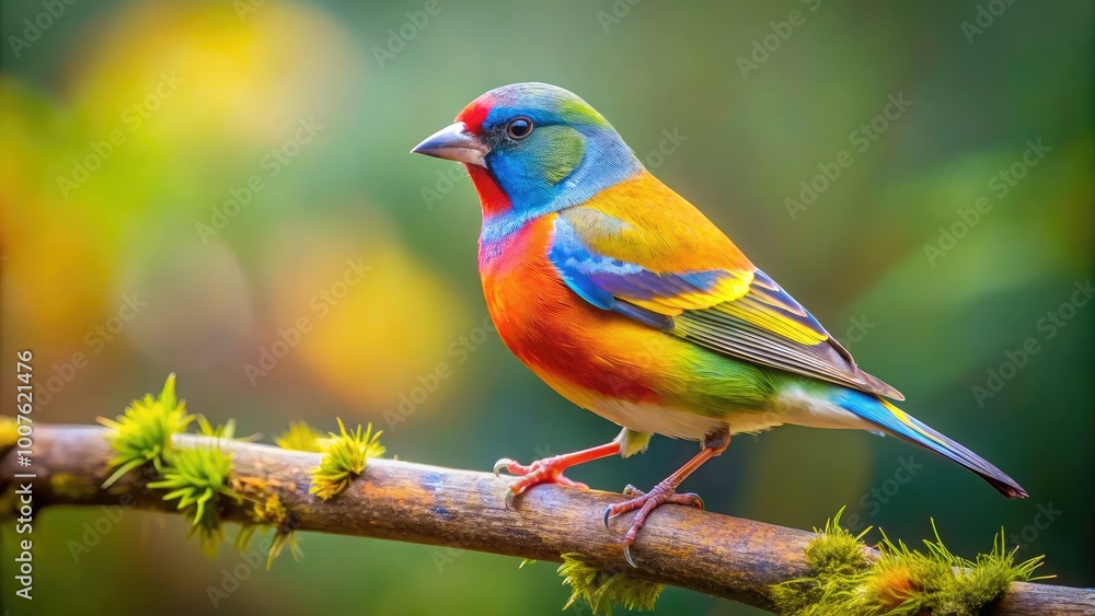 Colorful Finch Perched on Branch, Vibrant Plumage Against Soft Natural Background in Nature Setting Colorful Finch Perched on Branch, Vibrant Plumage Against Soft Natural Background in Nature Setting