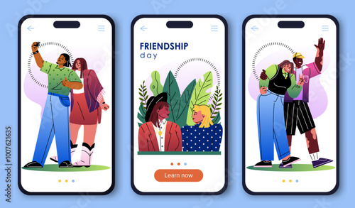 Friendship day posters set. Teens at smartphone screen. International holiday and festival 30 July. Good relationship. Unity and togetherness. Flat vector collection