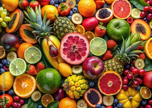 Colorful Fruit Collage Featuring Fresh Tropical Fruits, Berries, Citrus and Exotic Varieties on Display