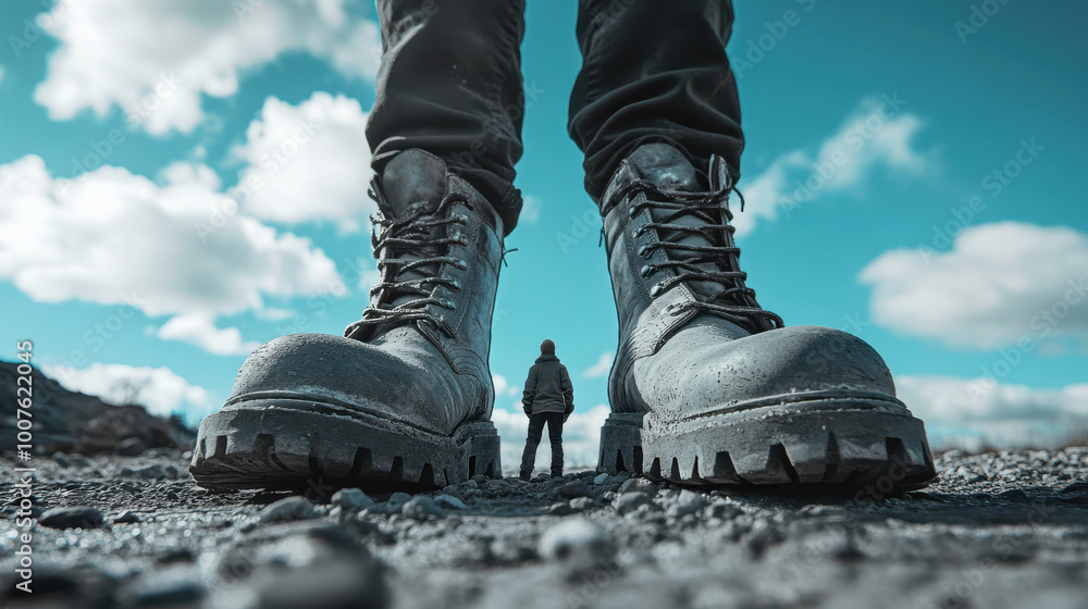 Oversized boots dominate scene, creating striking contrast with small person standing beneath them. low angle perspective emphasizes scale and evokes sense of awe Oversized boots dominate scene, creating striking contrast with small person standing beneath them. low angle perspective emphasizes scale and evokes sense of awe