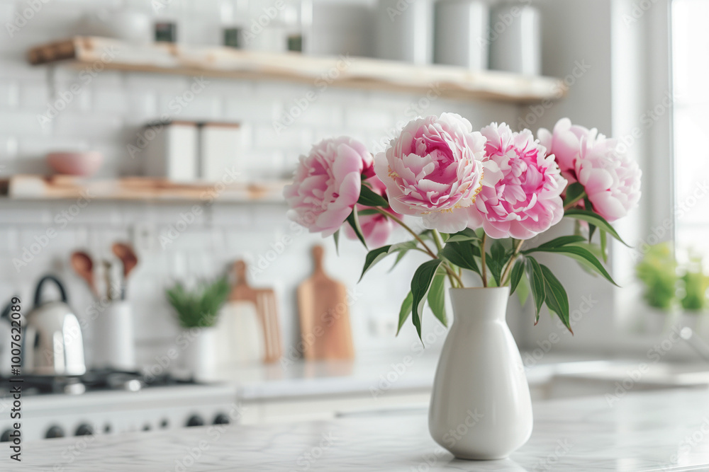 Beautiful Peonies in Vase on Granite Countertop Island in Stylish White Minimal Kitchen with Wooden Shelves in New House Beautiful Peonies in Vase on Granite Countertop Island in Stylish White Minimal Kitchen with Wooden Shelves in New House