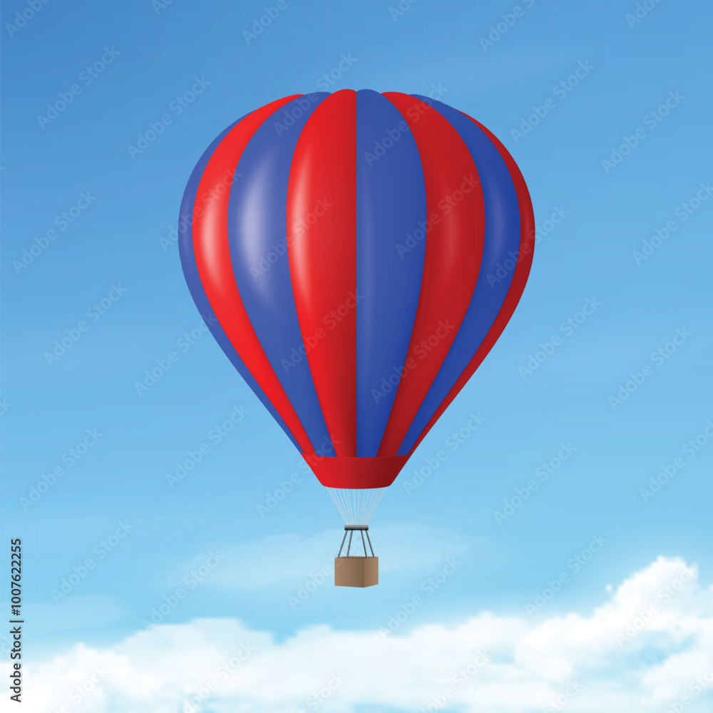 Obraz premium Vector Travel Banner with 3d Realistic Hot Air Balloon Icon on a Blue Sky Background. Design Template, Summer Vacation, Travelling, Tourism and Journey Concept