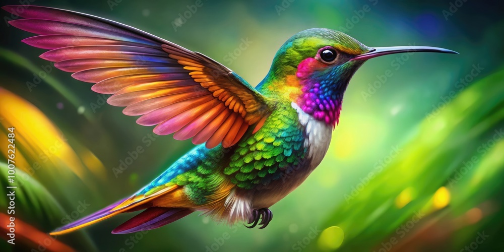 Fototapeta premium Colorful Hummingbird Drawing with Vibrant Feathers and Delicate Wings in a Natural Setting