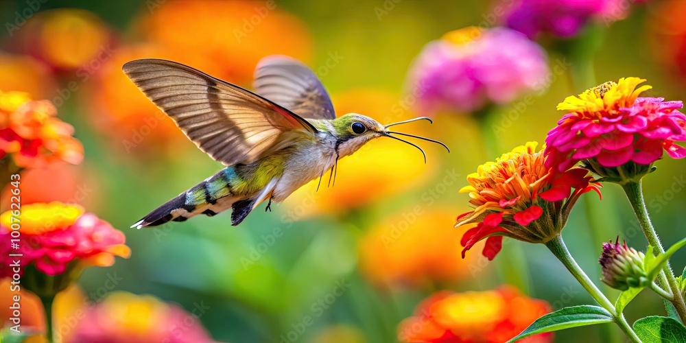Colorful Hummingbird Moth in Flight Among Vibrant Flowers Captured in Stunning Macro Photography Colorful Hummingbird Moth in Flight Among Vibrant Flowers Captured in Stunning Macro Photography