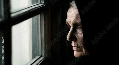 mulher idosa olhando pela janela com um olhar triste 
